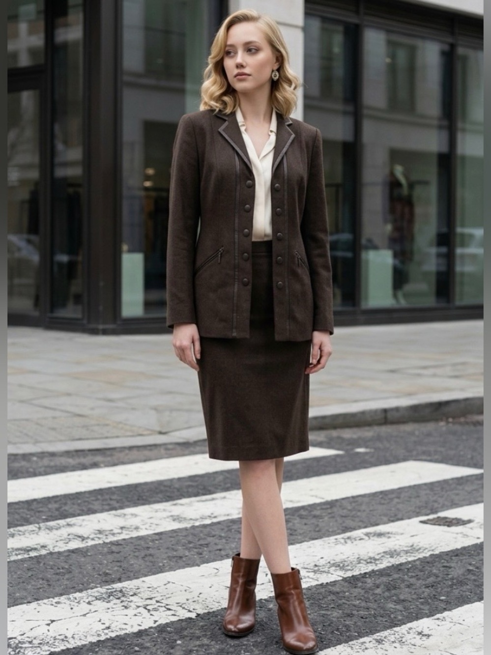 New WORTH Brown Wool Leather Trim Pencil Skirt Blazer Suit Set Knit Workwear NWT